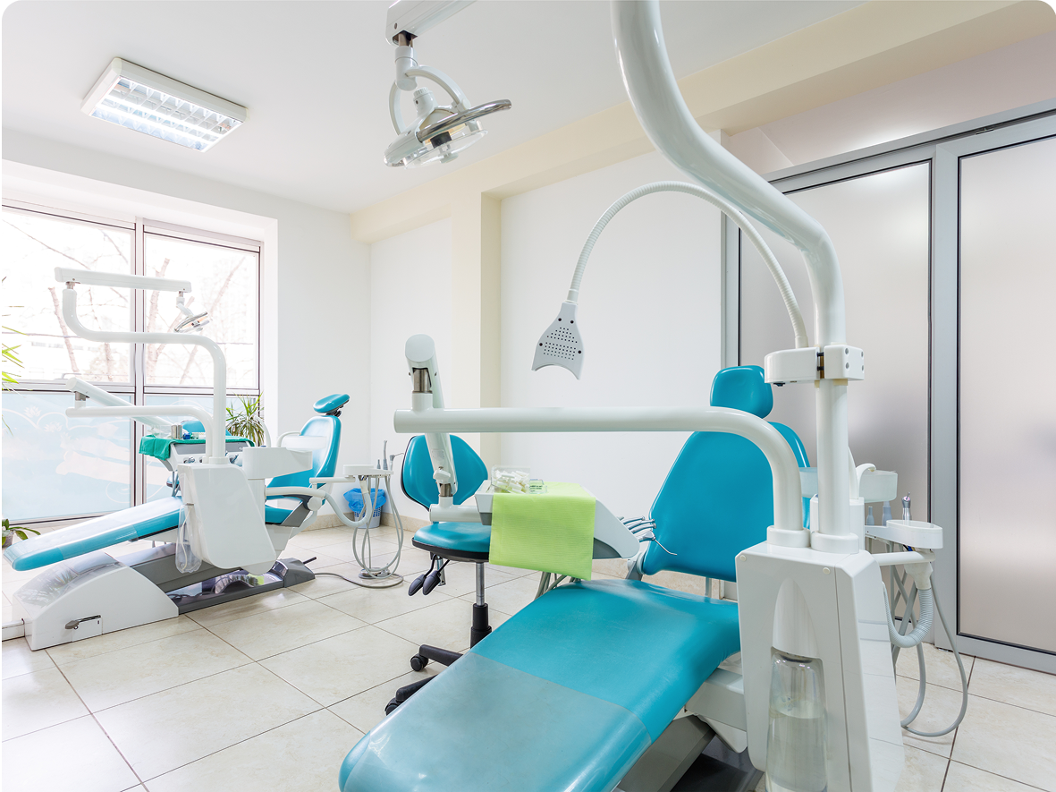 Dental office with blue chairs.