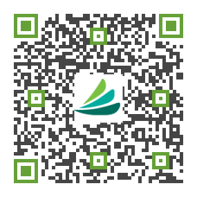 A QR code with a green and blue logo in the center.