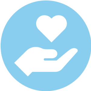 Hand holding heart symbol on blue circle.